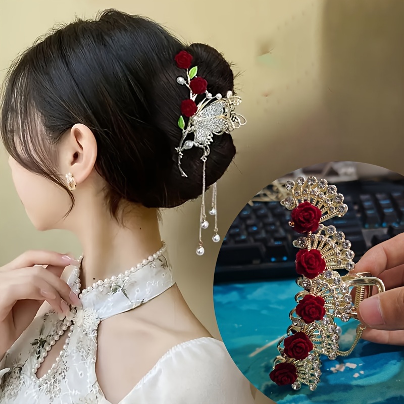 TEMU 2pcs/set Vintage Decor Hairpin Tassel Flower Hair Clip Ponytail Bridal Headwear Hair Accessories