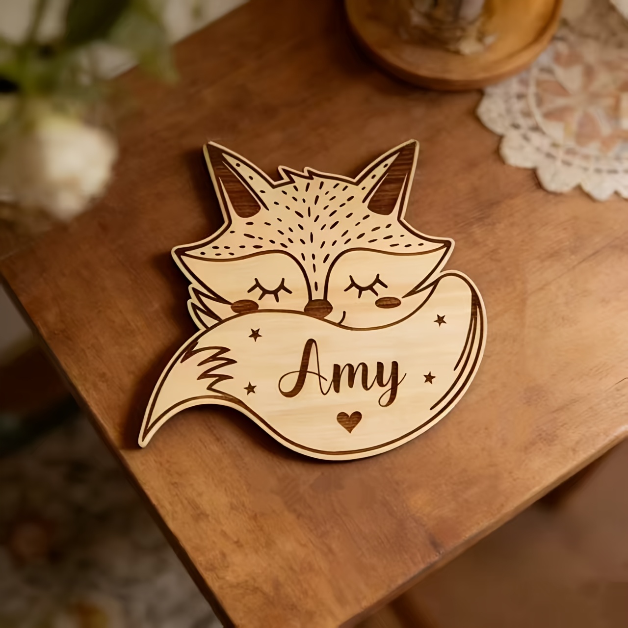 TEMU Producto personalizado - 1 etiqueta de madera con personalizado, etiqueta decorativa, etiqueta de madera con de zorro, texto personalizable,