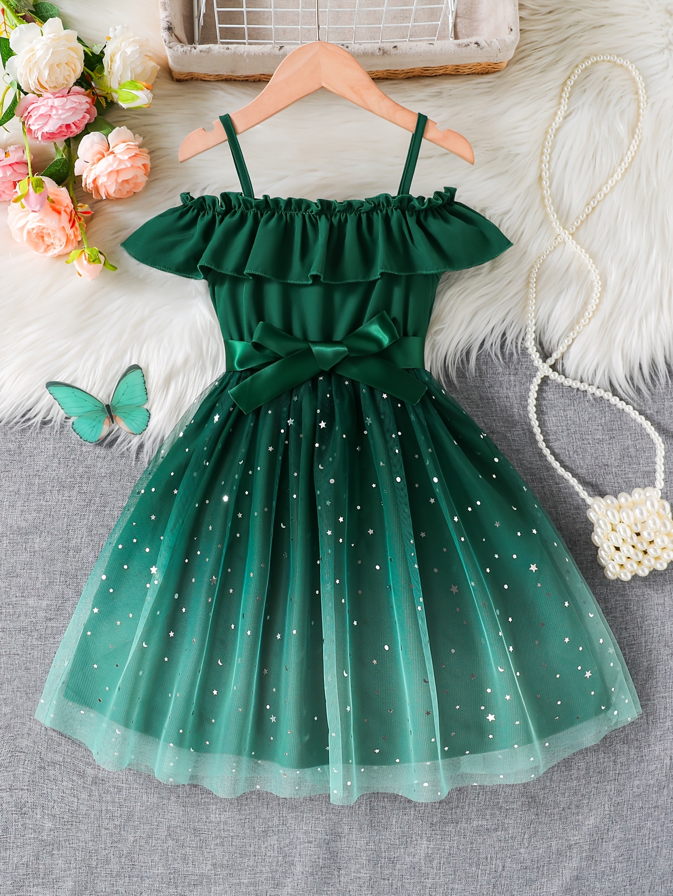 Emerald green sparkly star netting dress