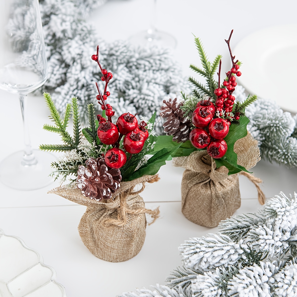 TEMU 2pcs Artificial Flower Pomegranate Potted Plants Plant, Indoor Home Kitchen Fireplace Bathroom Living Room Vase, Christmas Tree Accessories,