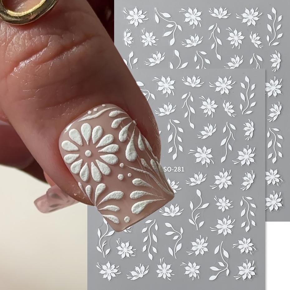 Image of Set Of 2 White Stylish Floral Nail Stickers, Self-adhesive Decals Featuring Flower And Leaf Designs For Nail Art Embellishments
