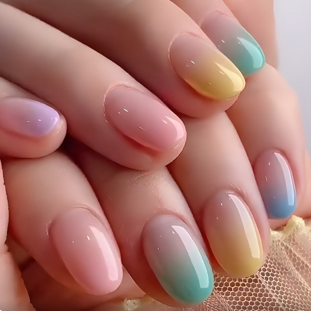 24pcs medium oval press on nails pink and green gradient   nails glossy artificial finger manicure false nails