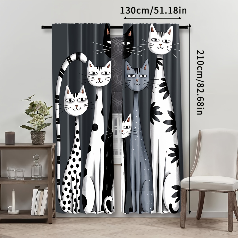 TEMU Ensemble de 2 rideaux avec motif de chat, couvre-porte de fenêtre modernes en polyester filtrant , style à passant de tringle adapté , lavables