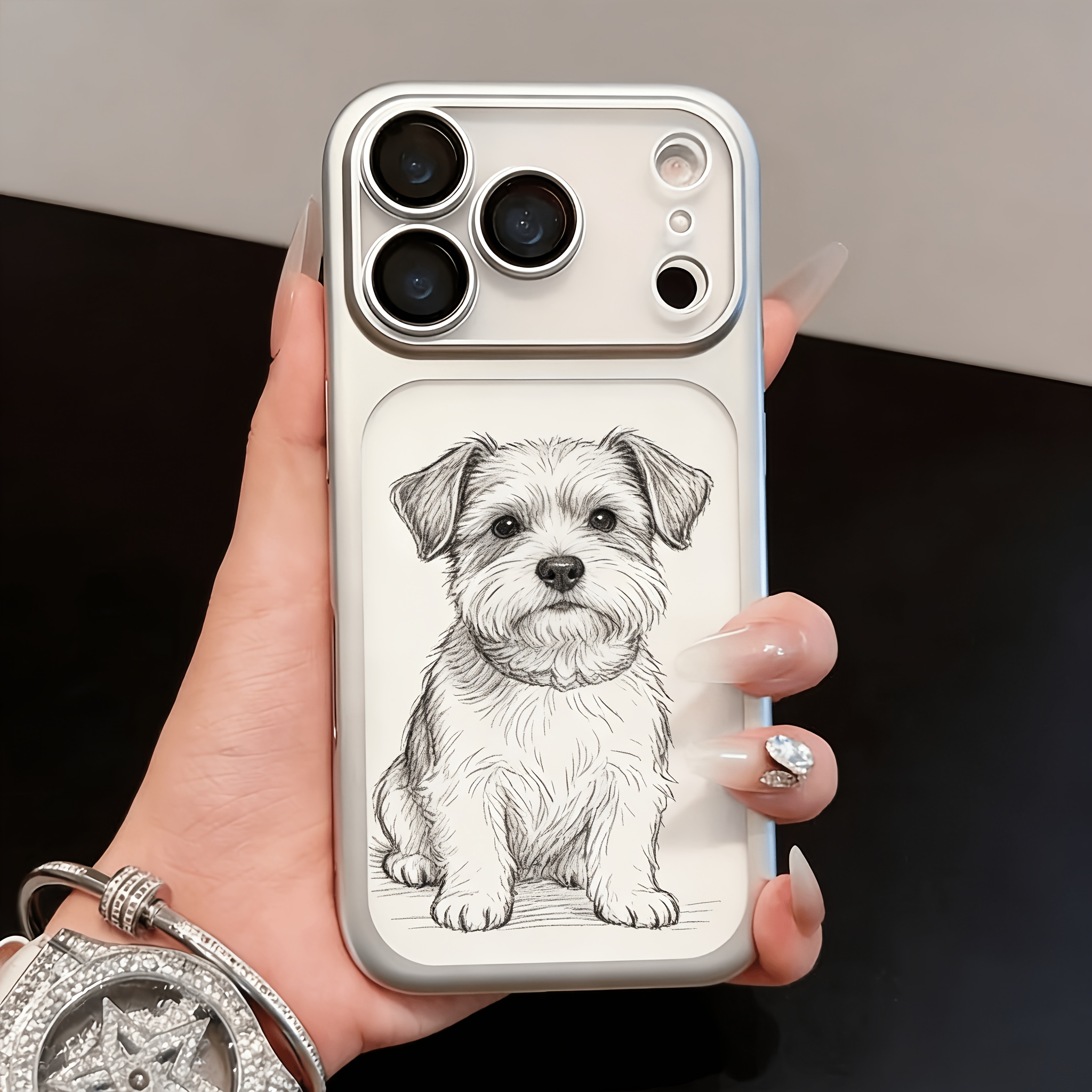 TEMU Phone Case: Customizable Pet Sketch Phone Case, Black And White Line Art Dog Pattern, Silvery Full-coverage Drop-proof, Anti-yellowing, Diy