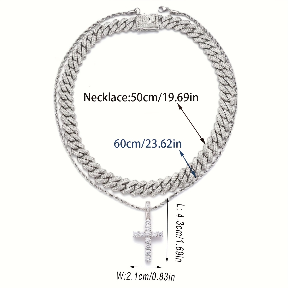 Image of 3pcs & Alloy Cuban Chain Necklaces With Cross Pendant - Hip-hop Style Metallic Finish For , Daily Wear, Parties, Music Festivals, & Gifts, Festival Jewelry, Necklace, Shiny Finish