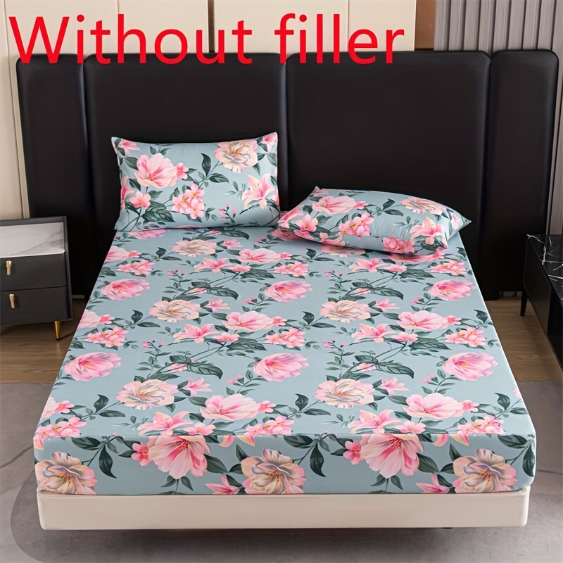 

3pcs Polyester Printed Fitted Sheet With 2 Pillowcases, Floral Pattern, Versatile Fit For Various Bed Size, No Filler, Home Bedroom Decor