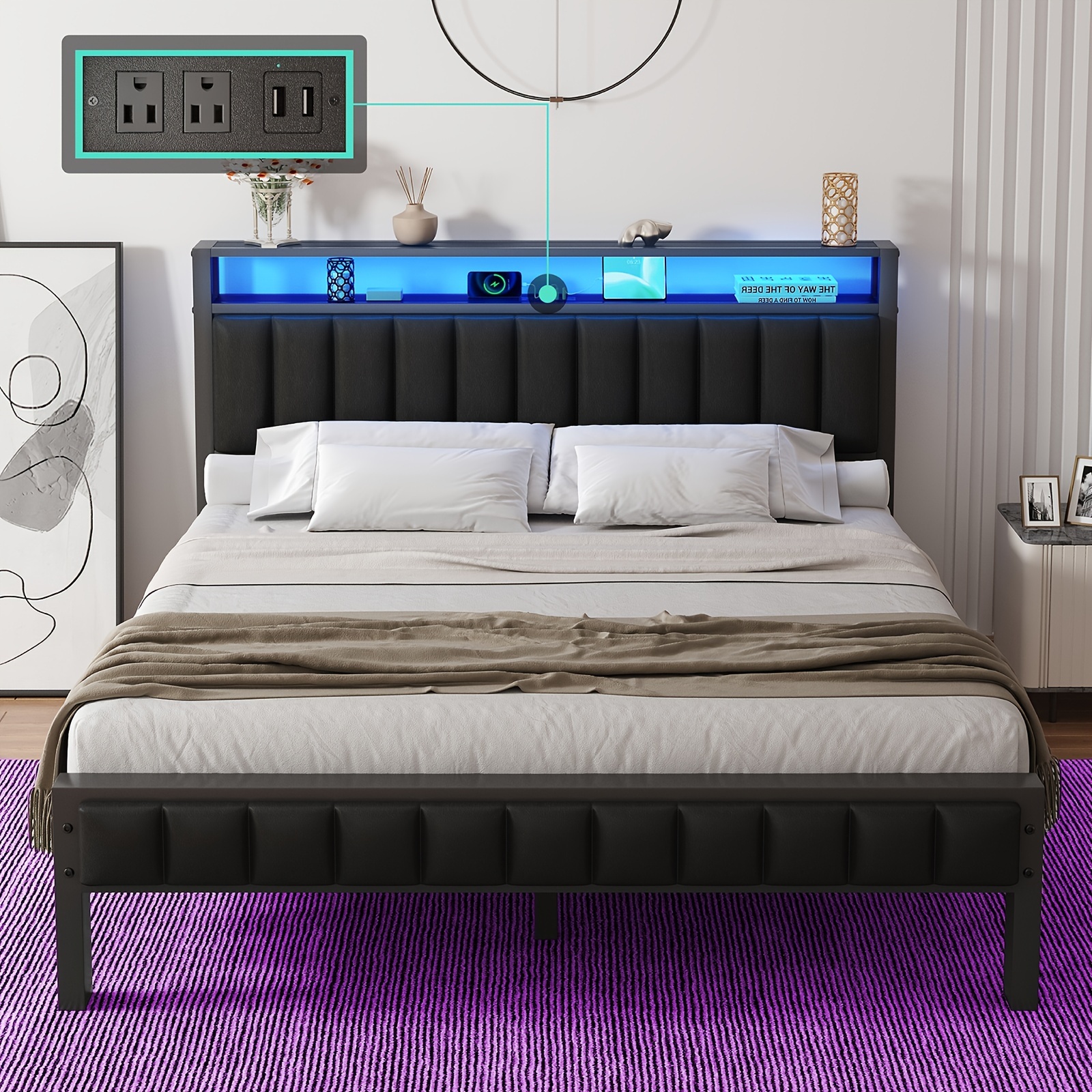 

Bed Frame With Led Light, Platform Metal Bed With Pu Leather Headboard, Charging Station, 2-tier Storage Headboard/no Box Spring Needed/noise Free