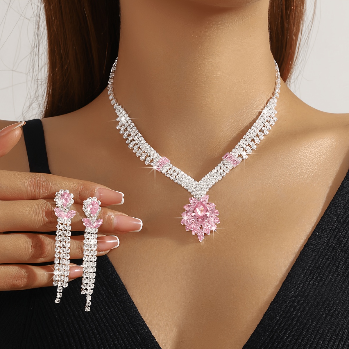 TEMU 2pcs Set Geometric Pattern Pendant Pink Necklace And Earrings Set, Stylish And Versatile, Suitable For Women' Commutes, Campus Dates, ,