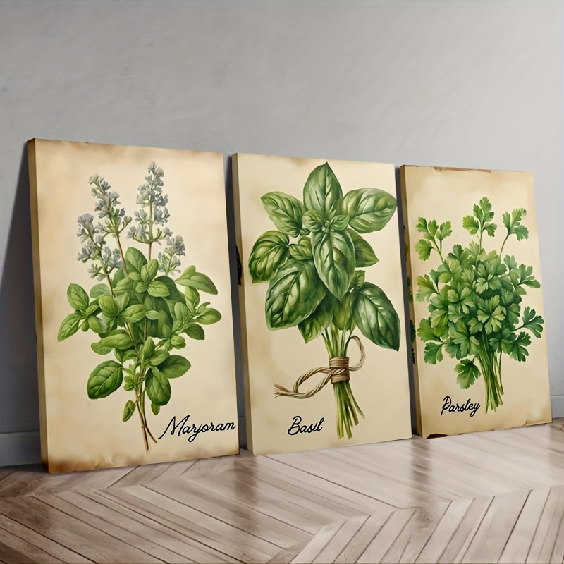TEMU 3pcs Wooden Framed Herbal Illustration Canvas Art - Mayan, Basil, Parsley Botanical Prints For Kitchen, Dining Room, Home Decor - Rustic
