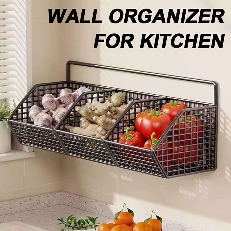 TEMU Wall-mounted Multi-functional Kitchen Organizer With 2 Damage-free Adhesive Pads - Durable Metal Vegetable, Garlic, And Onion Storage Basket -
