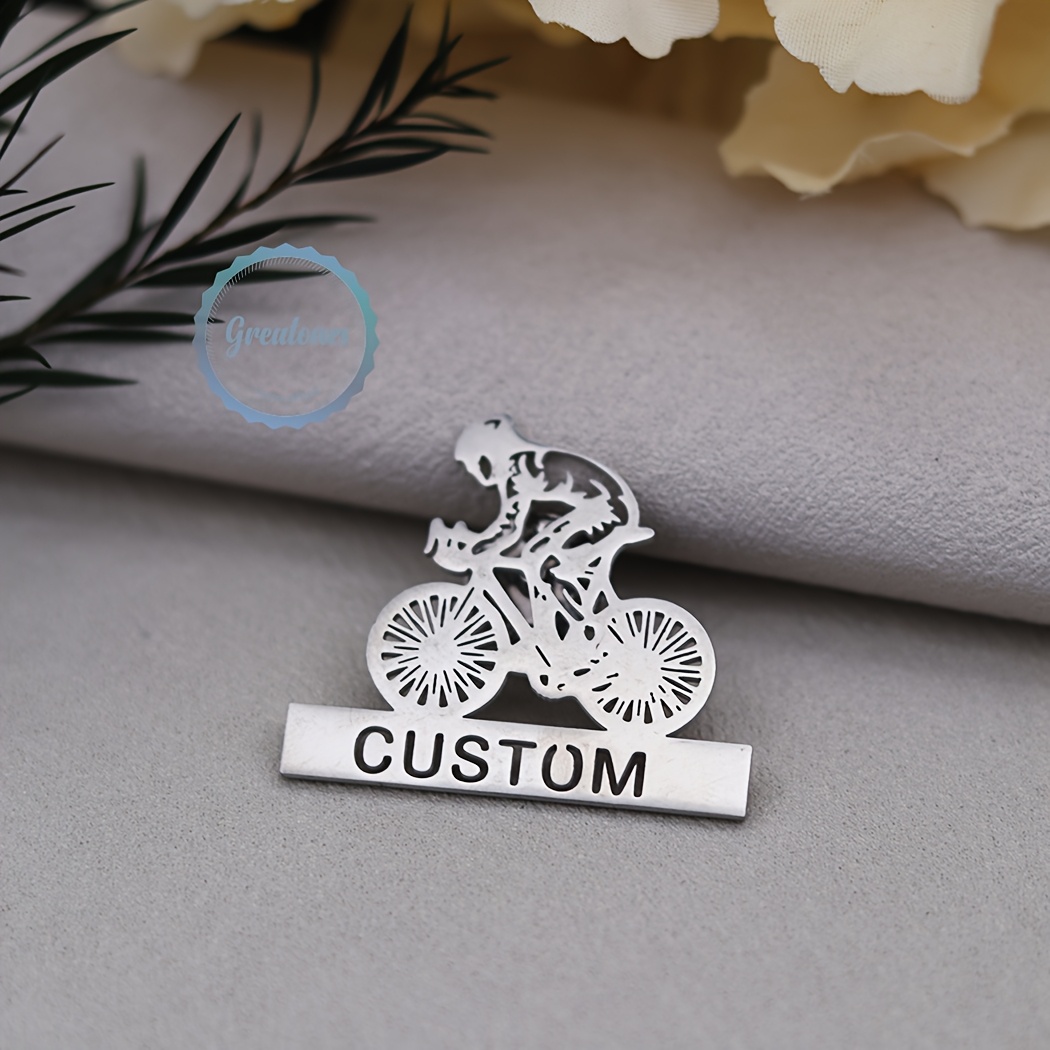 TEMU Custom Name Bicycle Rider Brooch For Women Men Stainless Steel Engasynthetic Gemstoneent Pins Badge Nameplate Brooch Jewelry