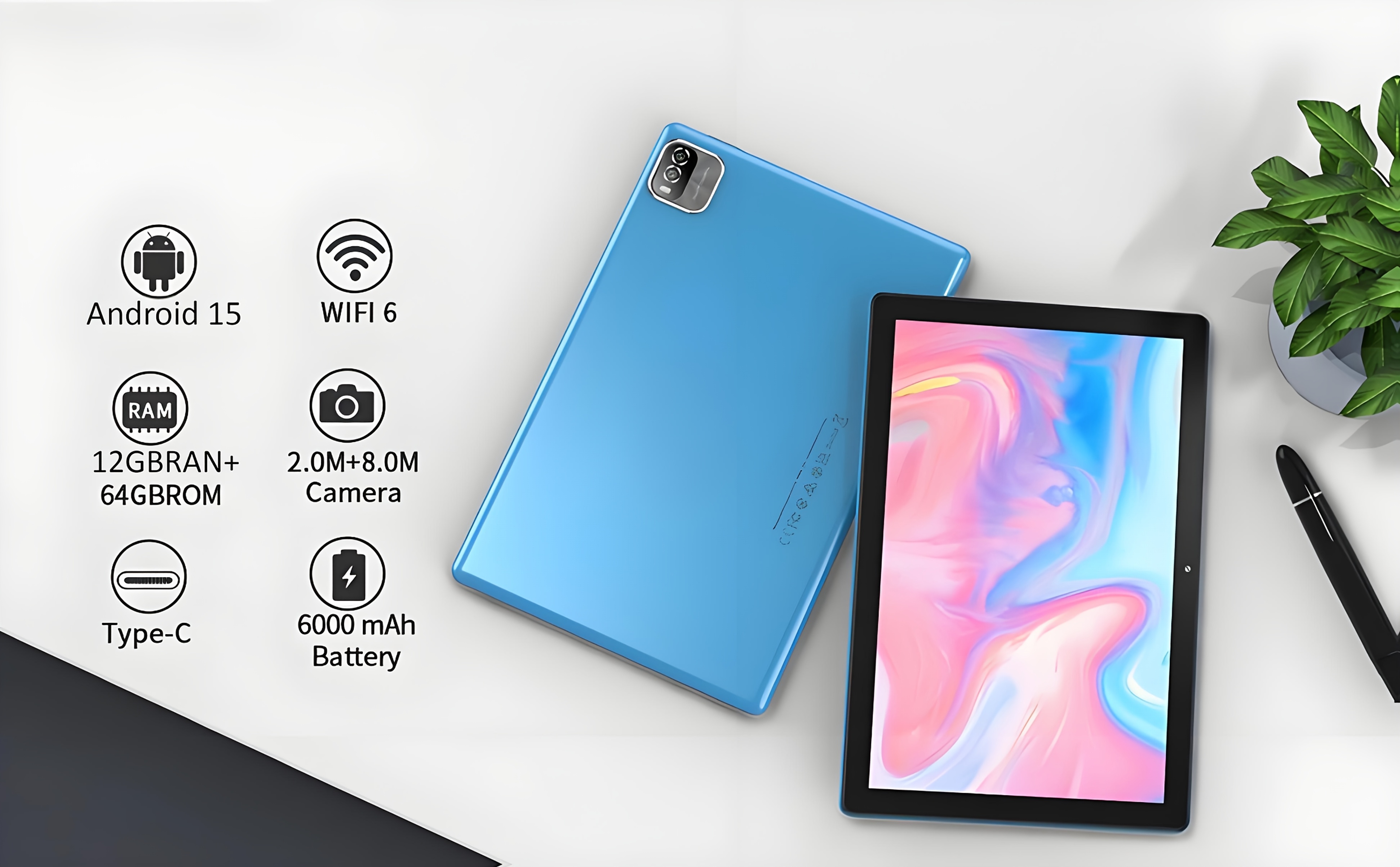 Android 15 10.1-inch Tablet Computer, 12GB (3GB+9GB Expansion) RAM, 64GB ROM, Supports 1TB Expansion of Micro SD, Supports SIM Card, 6000mAh Battery, 4-core Processor RK3562, 1280*800 IPS High-definition Display Screen 2.0MP+8.0MP Cameras, Dual WIFI