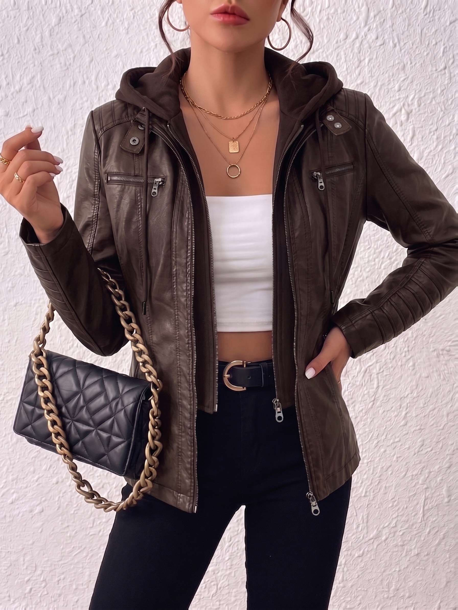[größe für   passform] jacke mit abnehmbarem kapuzenstück aus kunstleder für damen, schlanke passform, bikerjacke, herbst-winter-stil, mehrfachtaschen-mantel