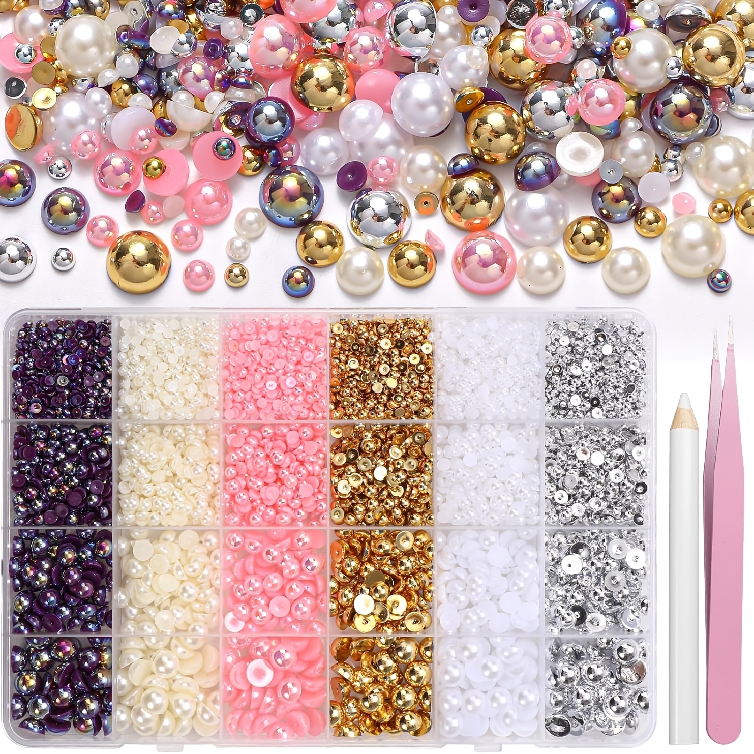 TEMU 9000pcs Of Flatback Pearls For Crafting, Including Silvery, Golden, And White Half Pearls And Gems, In Sizes Ranging From 3 To 8mm, With Colors