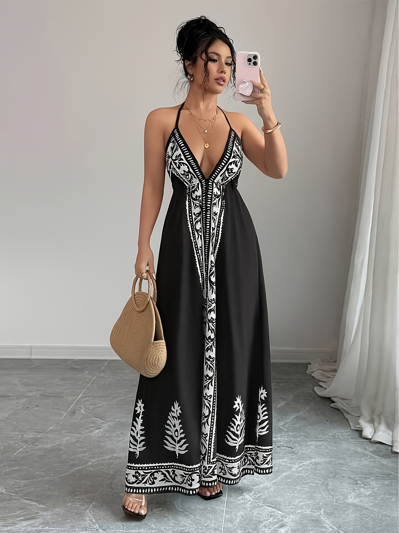 green emerald velvet dress Maxi Dress with Sleeves Vertical Tribal Black Tan main image 1