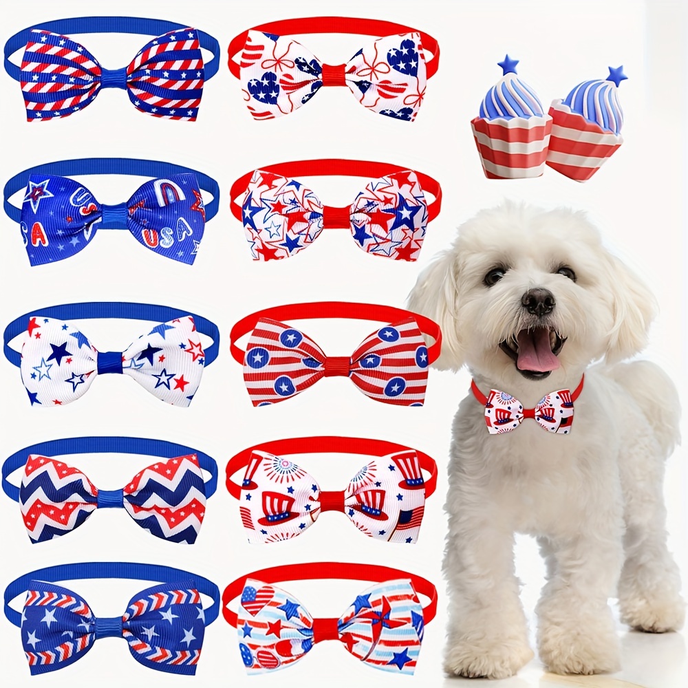 

10-piece Patriotic Pet Bow Ties - Adjustable, Assorted Colors For Dogs & Cats, Perfect For Independence Day Celebrations