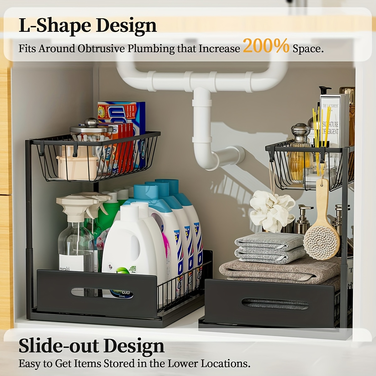 Metal Under Sink Organizers, Pull Out Under Sink Storage Shelves with Sliding Drawer for Kitchen, Bathroom (1pack/2pack)