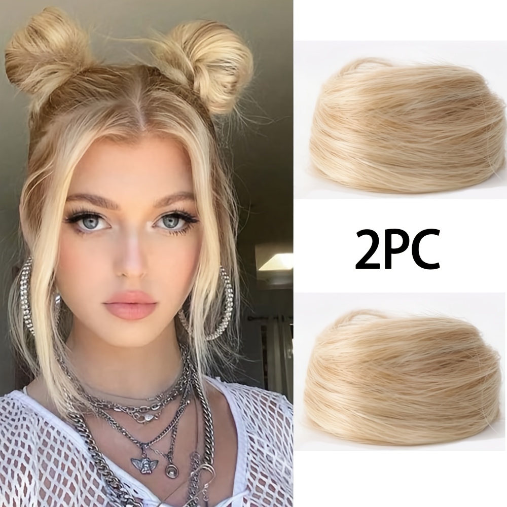 TEMU 3-inch 2pcs Synthetic Straight Hair Bun Hair Ring Style Wig Accessory In Black Dark Brown Light Brown And Blonde Highlights Suitable For Women