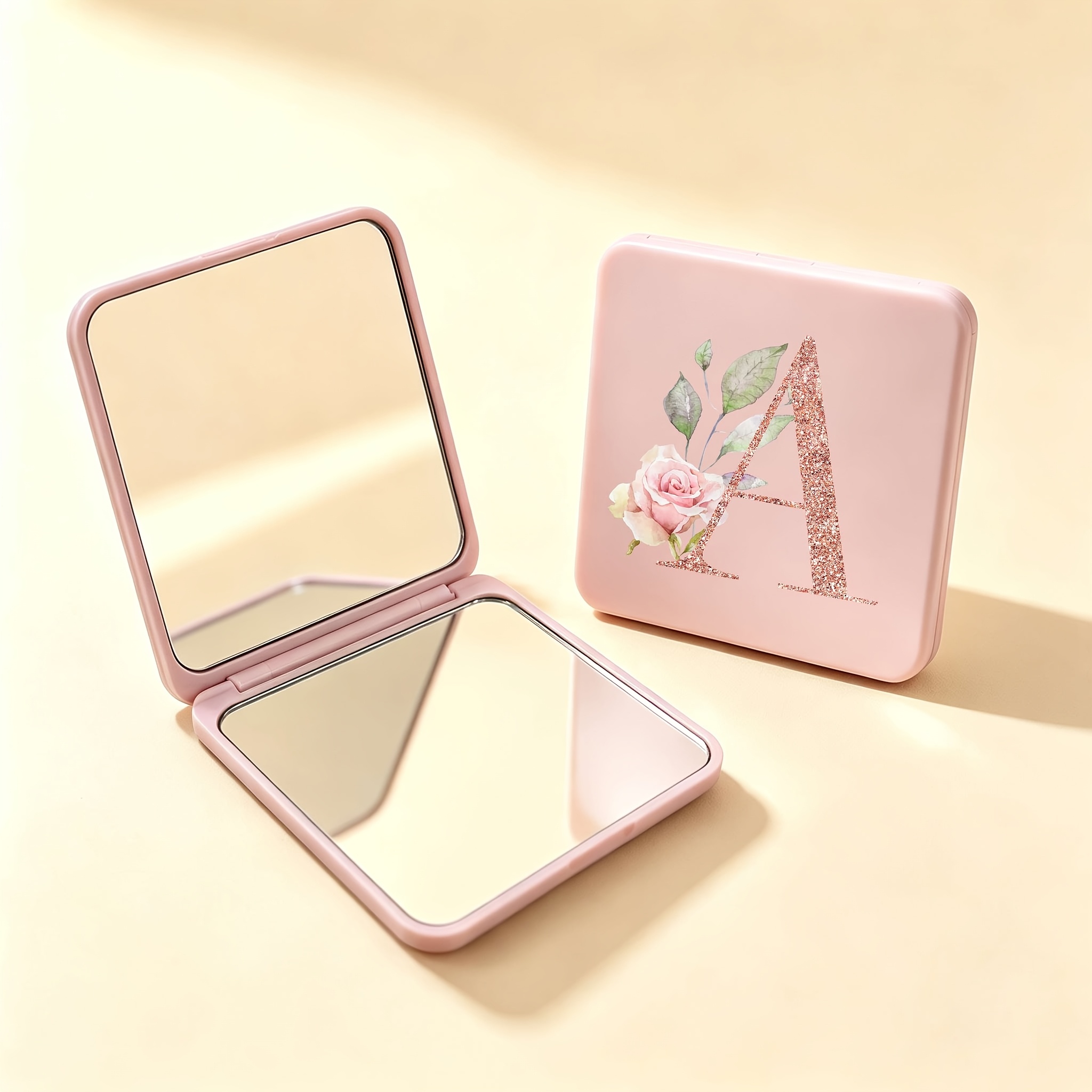 TEMU 1pc Initial Portable Square Makeup Mirror, Double-sided Square Makeup Mirror, Foldable Makeup Mirror For Women, 3 Colors Available: /pink,
