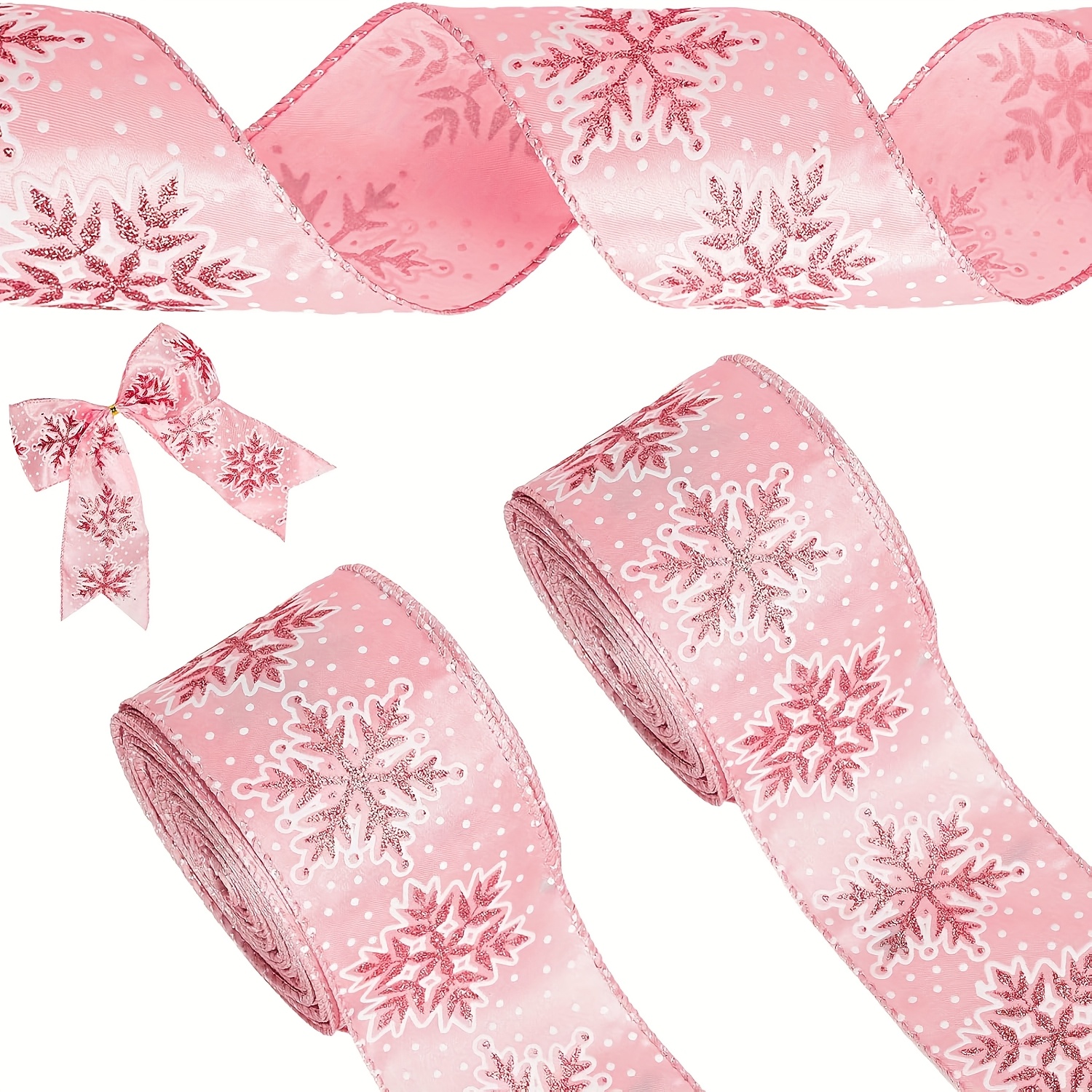 TEMU 2 Rolls Of Winter Snowflake Wired Edge Ribbon, 2.5 Inches Wide, Pink Christmas Snowflake Glitter Satin Ribbon For Christmas Tree Bows, Wreaths,