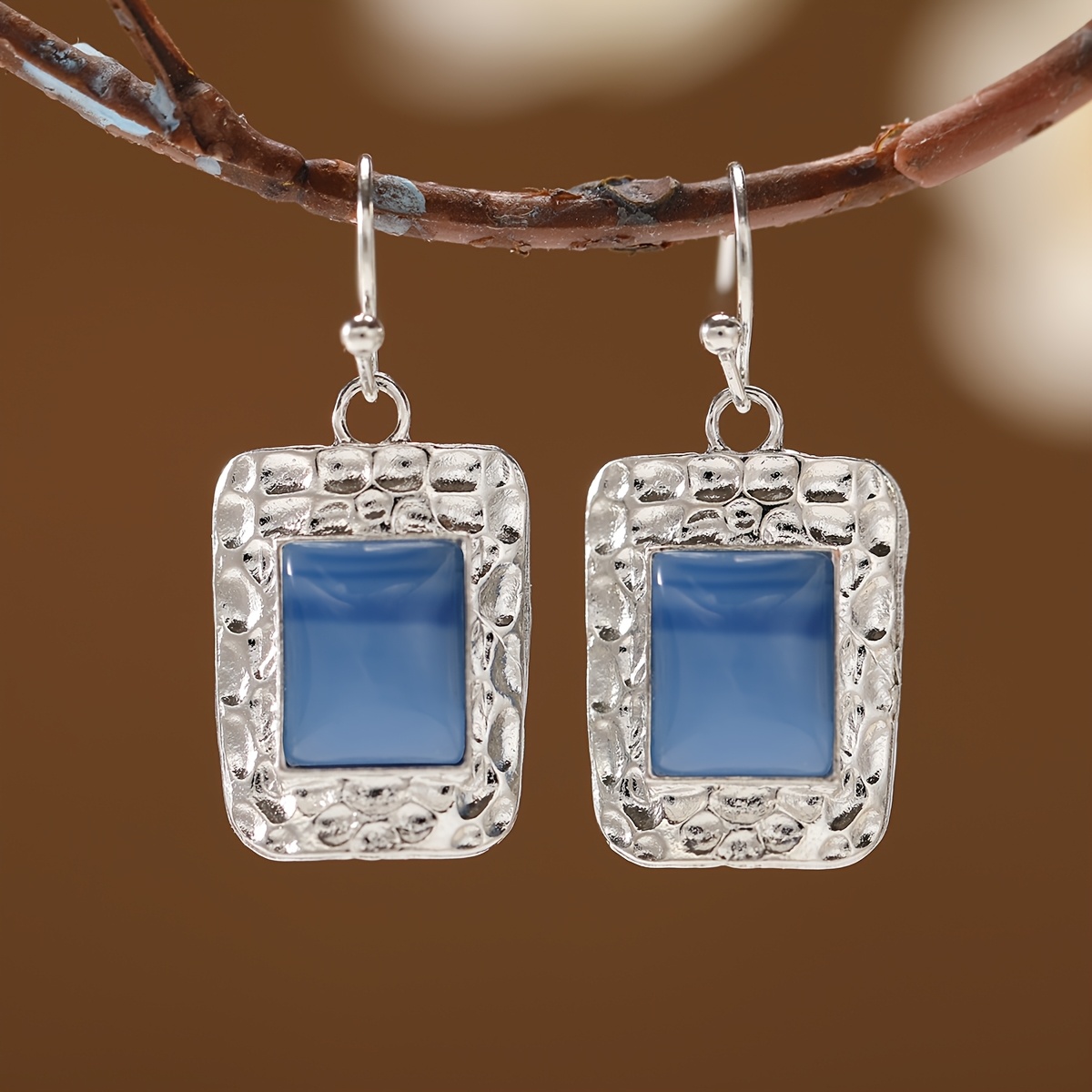 French Retro Style Hammered Blue Stone Women’s Earrings