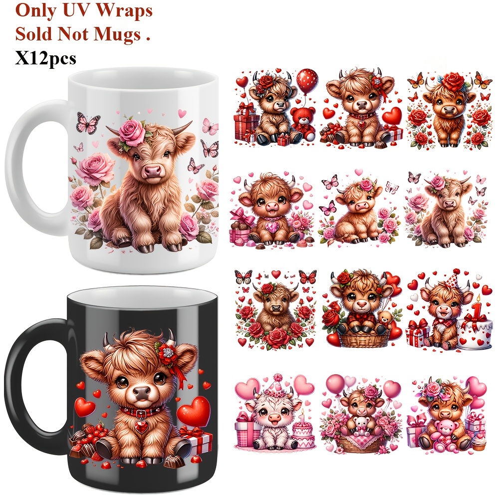 

12pcs Valentine's Day Highland Cow Watercolor Sticker Set - Premium, Self-adhesive & Waterproof Decals For Mugs, Cups & Glassware - Vibrant, &