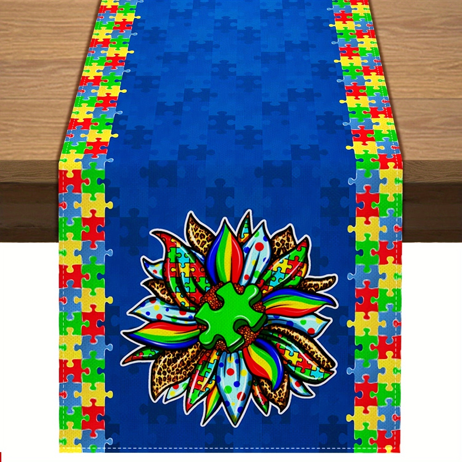 

1pc, Polyester Table Runner, Autism Awareness Table Runner, Puzzle Piece Sunflower Pattern For Dining Room, Love Needs No Words April Decor, Fade Resistant Home Kitchen Table Decor, Seats 4-6