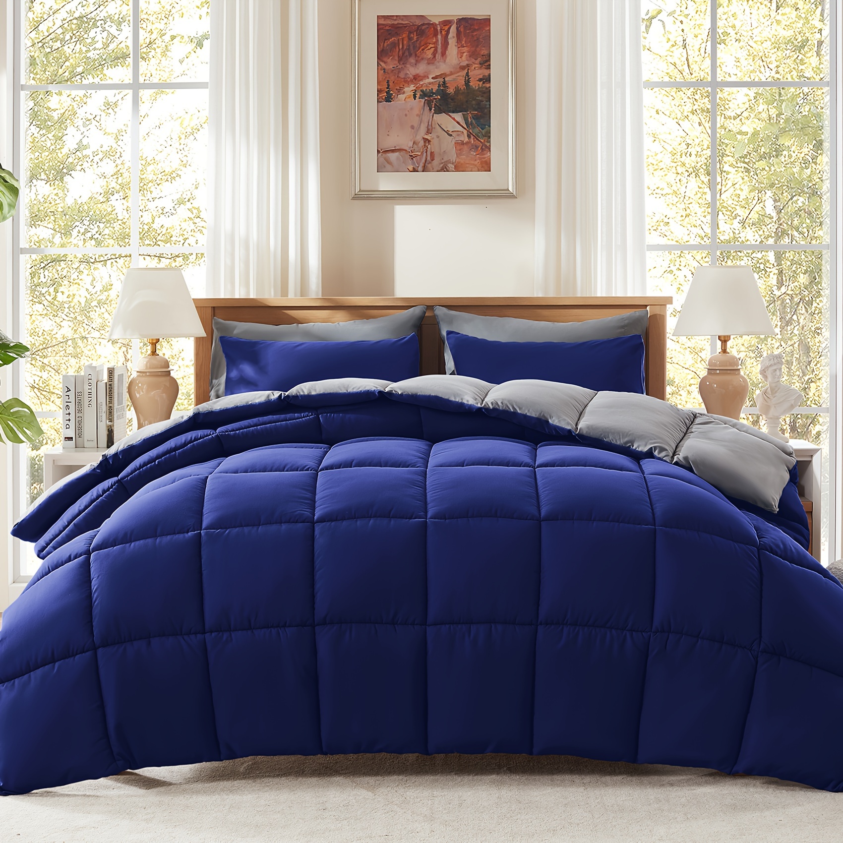 

Cosybay 3pc Blue And Grey Comforter Set - All Season Reversible Down Alternative Comforter With Pillowcase Quilted Duvet Insert With Corner Tabs - Box Stitched - Breathable, Soft, Fluffy