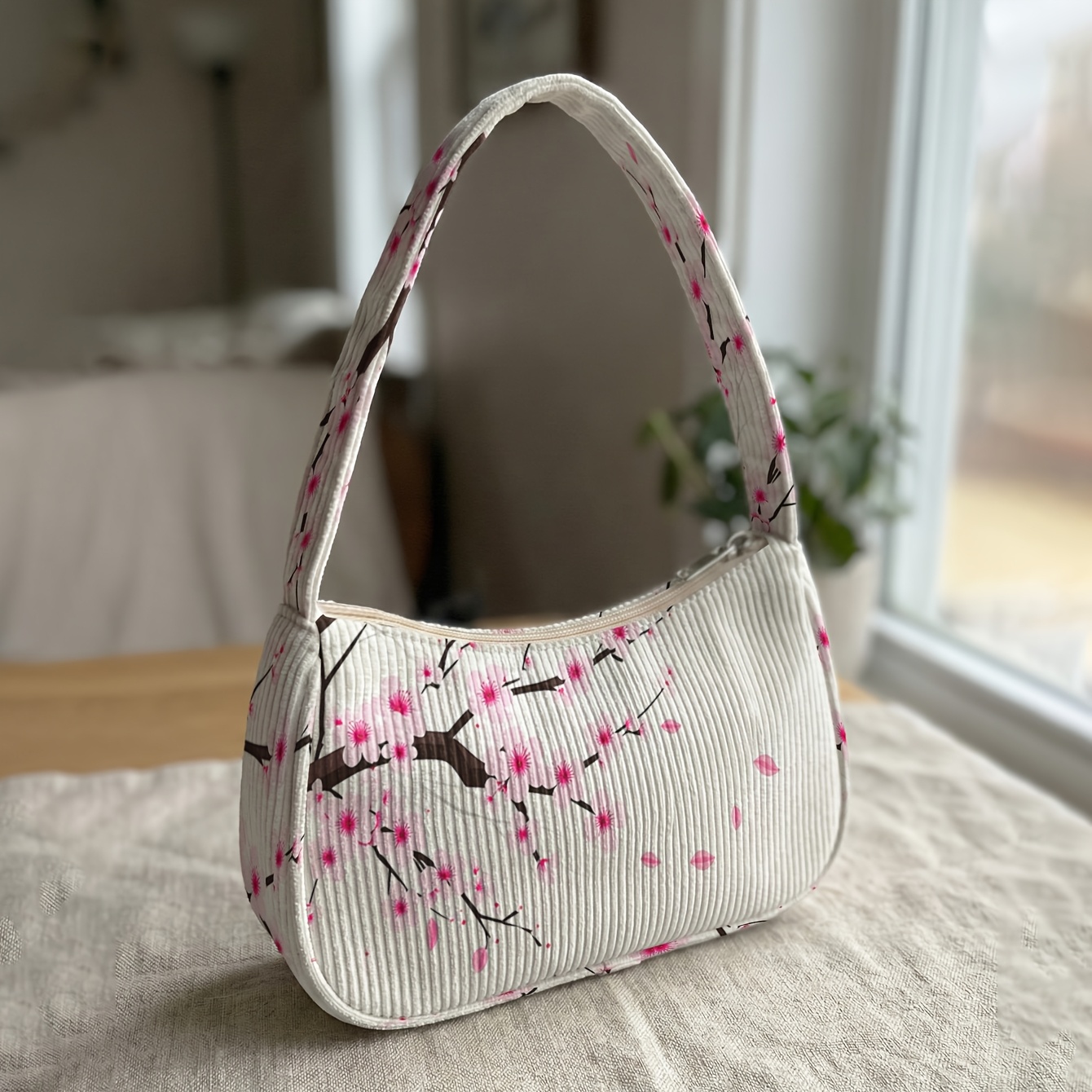 TEMU 1pc, Cherry Pattern Printed Single-shoulder Bag, Corduroy Underarm Bag, Retro Style. Versatile For Daily Commuting, Dates, Shopping, And .