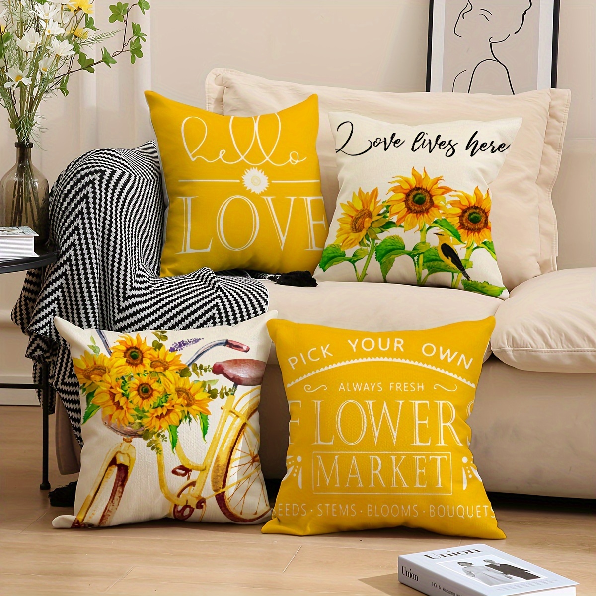 

Set Of 4 Spring Sunflower Bicycle Letter Pillowcases For Home Sofa Cushion Covers Linen Blend Pillowcases Home Decor 18*18 Inches Pillow Core Not Included