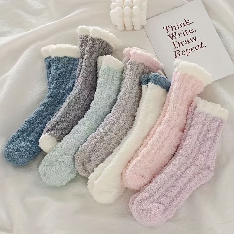 

7pcs Cozy Coral Fleece Socks For Women - Thick, Warm Mid-calf Floor & Sleeping Socks, Solid Color, Machine Washable