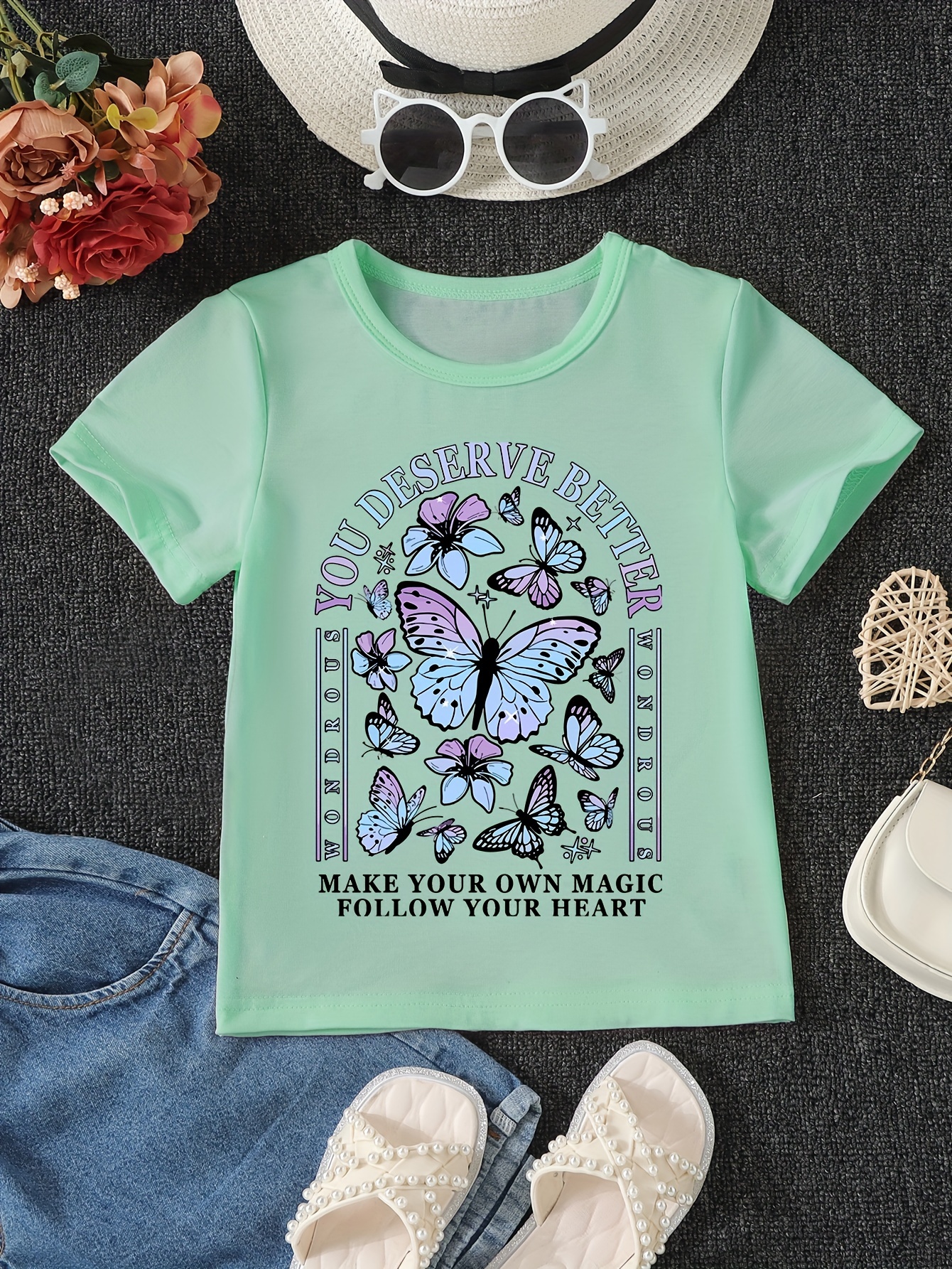 Girl's Butterflies Print Crew Neck T shirt Short Sleeve Tee - Temu Ireland