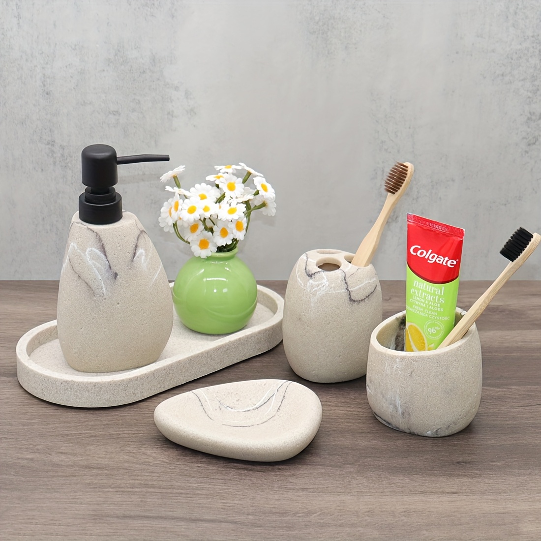 A 4pcs Bathroom Toiletries Set, Including a Mouthwash Cup, a Soap Dispenser, a Toothbrush Holder, And a Soap Dish, Available in Matte Black, White, Or Light Brown Bathroom Furniture Sets, Along with Decorative Accessory Sets