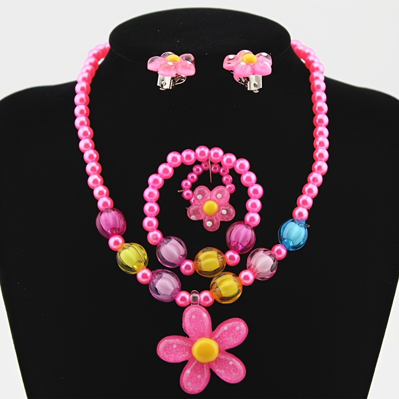 

5pcs Sunflower Jewelry Set For Girls - Handcrafted Beaded Necklace, Bracelet, Earrings & Hair Clips