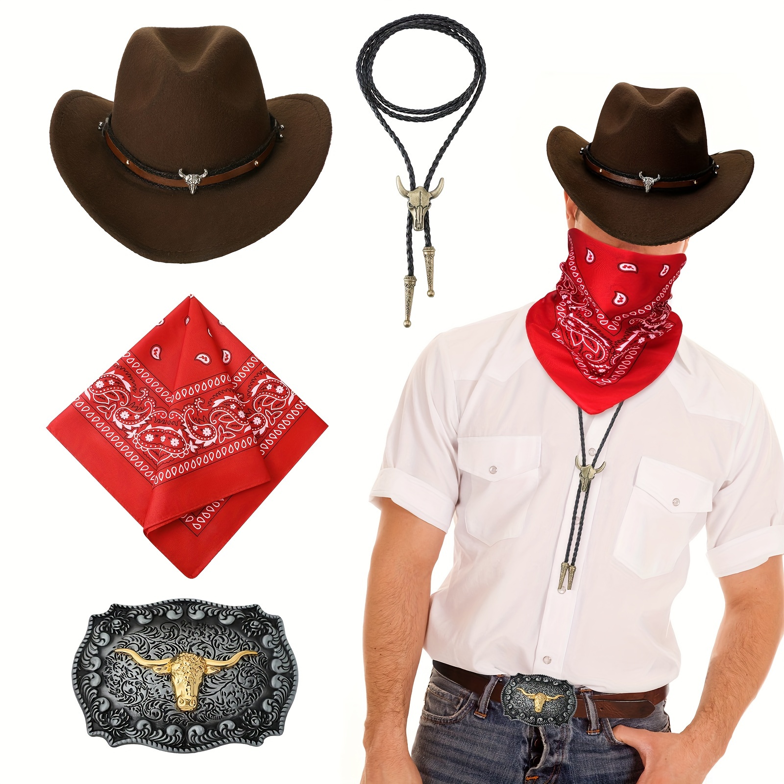 4pcs Western Cowboy Accessories For Men Cowboy Hat Bolo Tie