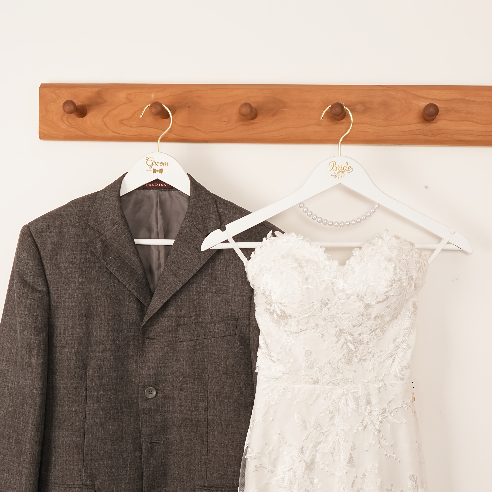 2 White Pearl Wedding Hangers for Bride and Groom
