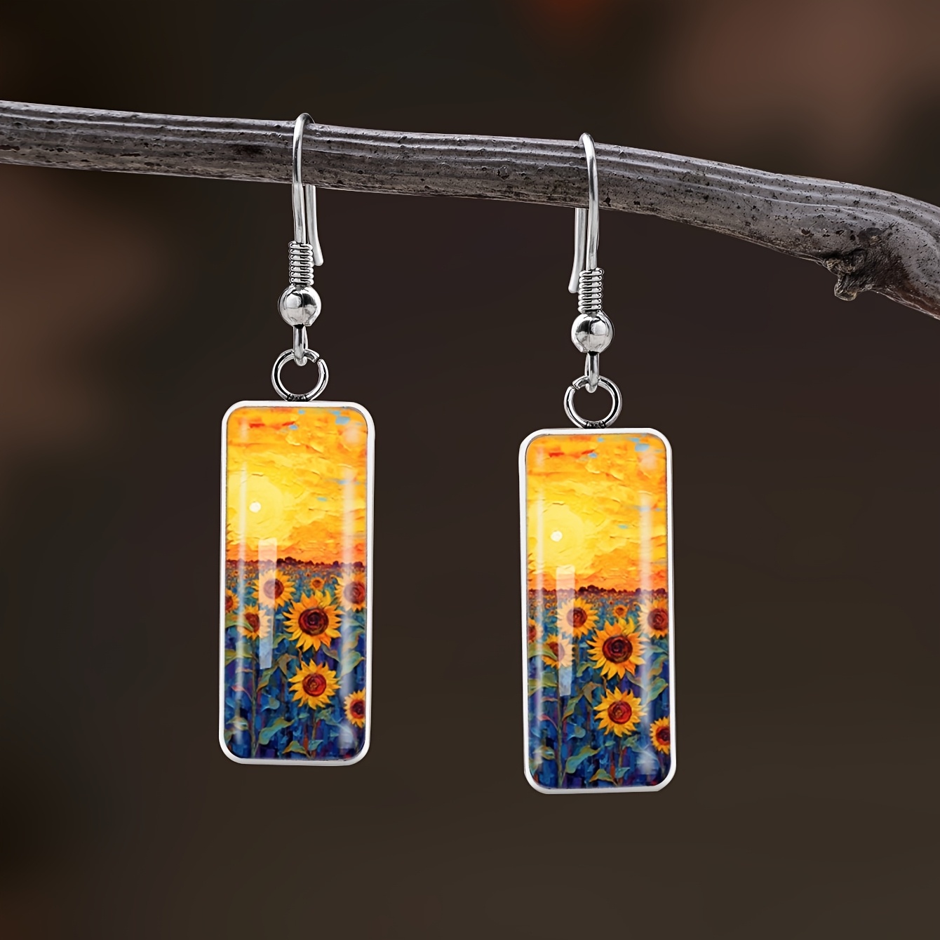 Women's Pastoral Sunset Sunflower Floral Pattern Long Earrings