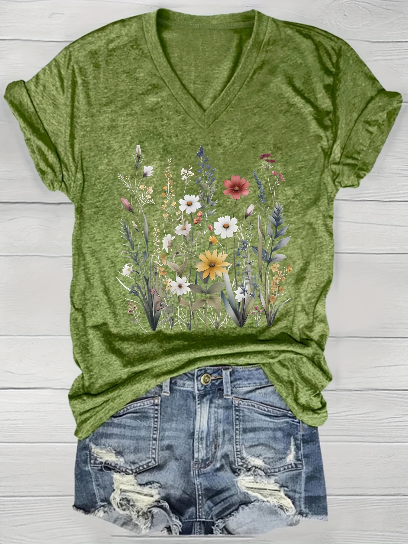 2024 Cross-border European and American Women's V-Neck Loose Casual Short Sleeve Top Layering T-Shirt