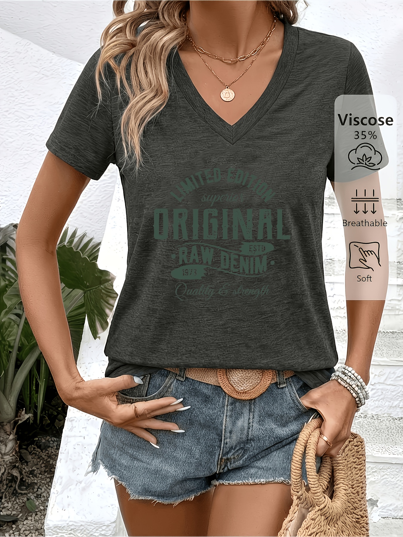 3pcs Set V-Neck Short-Sleeve T-Shirts, ORIGINAL Retro Distressed Letter Print, Soft And Skin-Friendly Fabric, Practical Top For, Machine Washable
