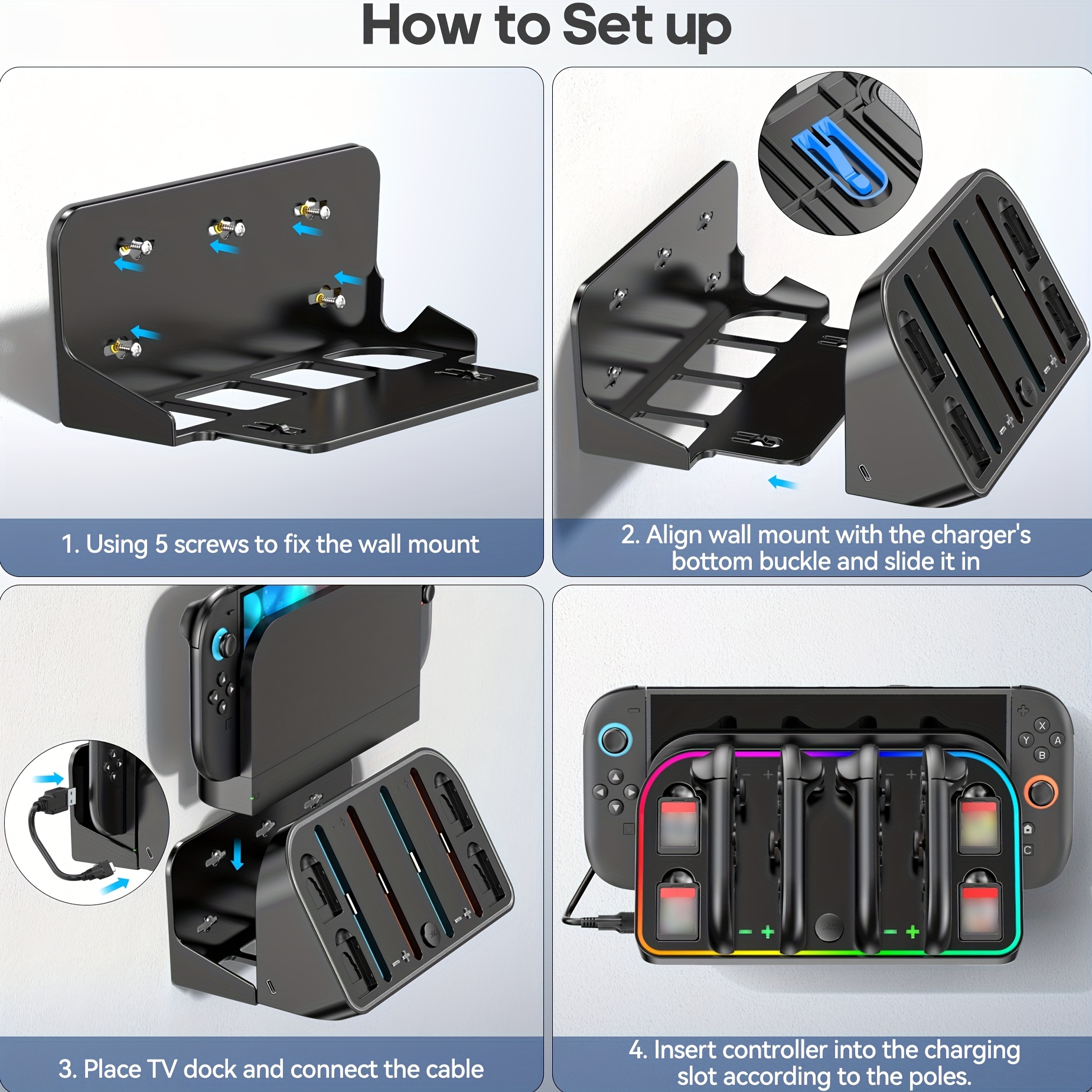 for wall bracket multi functional tv dock handle charger with rgb light 4 cartridge storage wall bracket charging indicator Product details 4