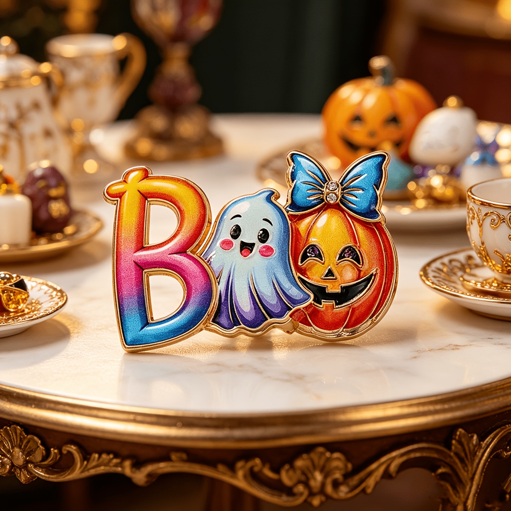 TEMU Broche Mignonne en Émail "BOO" pour Halloween, Épingle Citrouille, Accessoire de Mode Dégradé de Couleur pour Fête d'Halloween, Cadeau