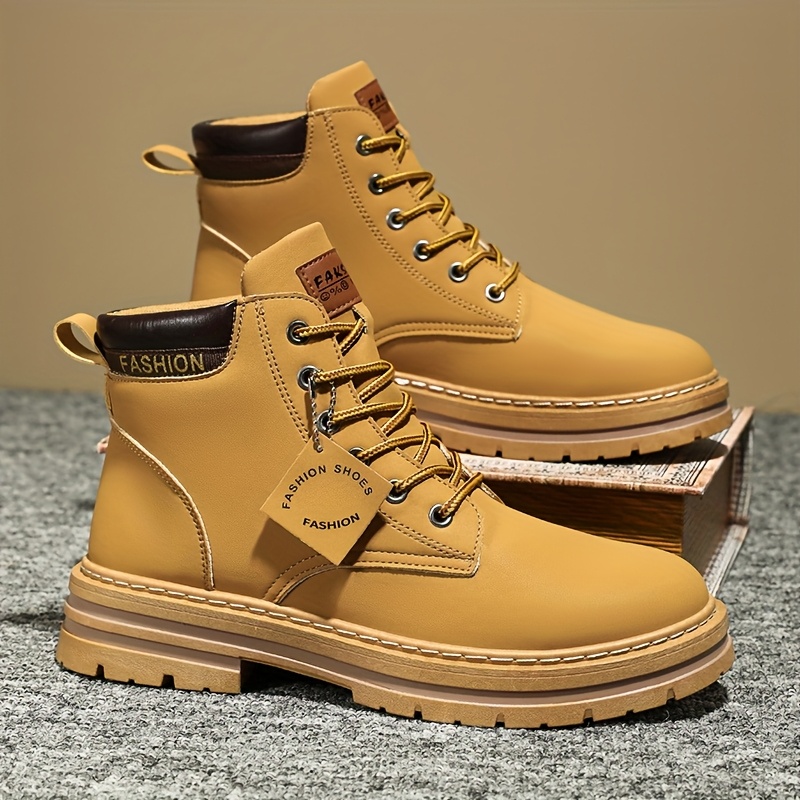 1 Pair KOONEXY Heavy-Duty Ankle Boots - All-Terrain Lace-Up, Anti-Slip PVC Outsole, Beige/Tan, PU/Fabric Upper - for Hiking, Motorcycle Riding, Skateboarding, Construction Work - Multiple Extended Sizes Available. All-Season Outdoor Casual Hiking