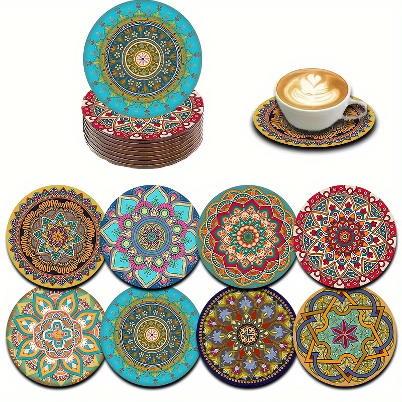 

8pcs Moroccan Mandala Wooden Coasters Set, Decorative Cup Mats For Coffee, Tea, Drinks, Ideal For Home And Dining, Housewarming, Perfect Gift