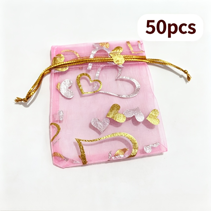 TEMU 50 piezas de bolsas con cordón de degradado de rosa con decoración de dorada, bolsitas de regalo con tema de amor romántico, bolsas de