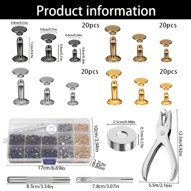 TEMU Clous à en Cuir à Double Capuchon avec Pince à Perçer, Kit de Fixation, Rivets Tubulaires en Métal pour Artisanat du Cuir, Réparation de Rivets