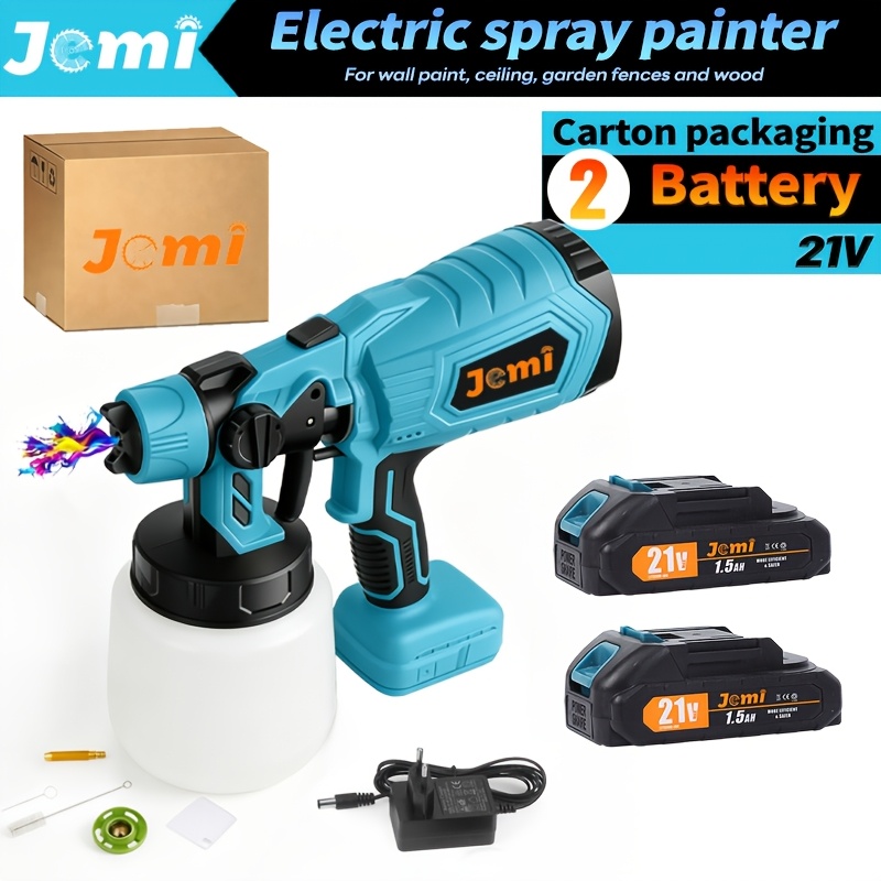 Jemi Tool Cordless Paint Sprayer, 21v Hvlp Electric Spray Gun, With 1/2pcs 1.5ah Battery, Fast Charger And Accessories, Suitable For Cabinets, Walls, Patio Coating And Diy