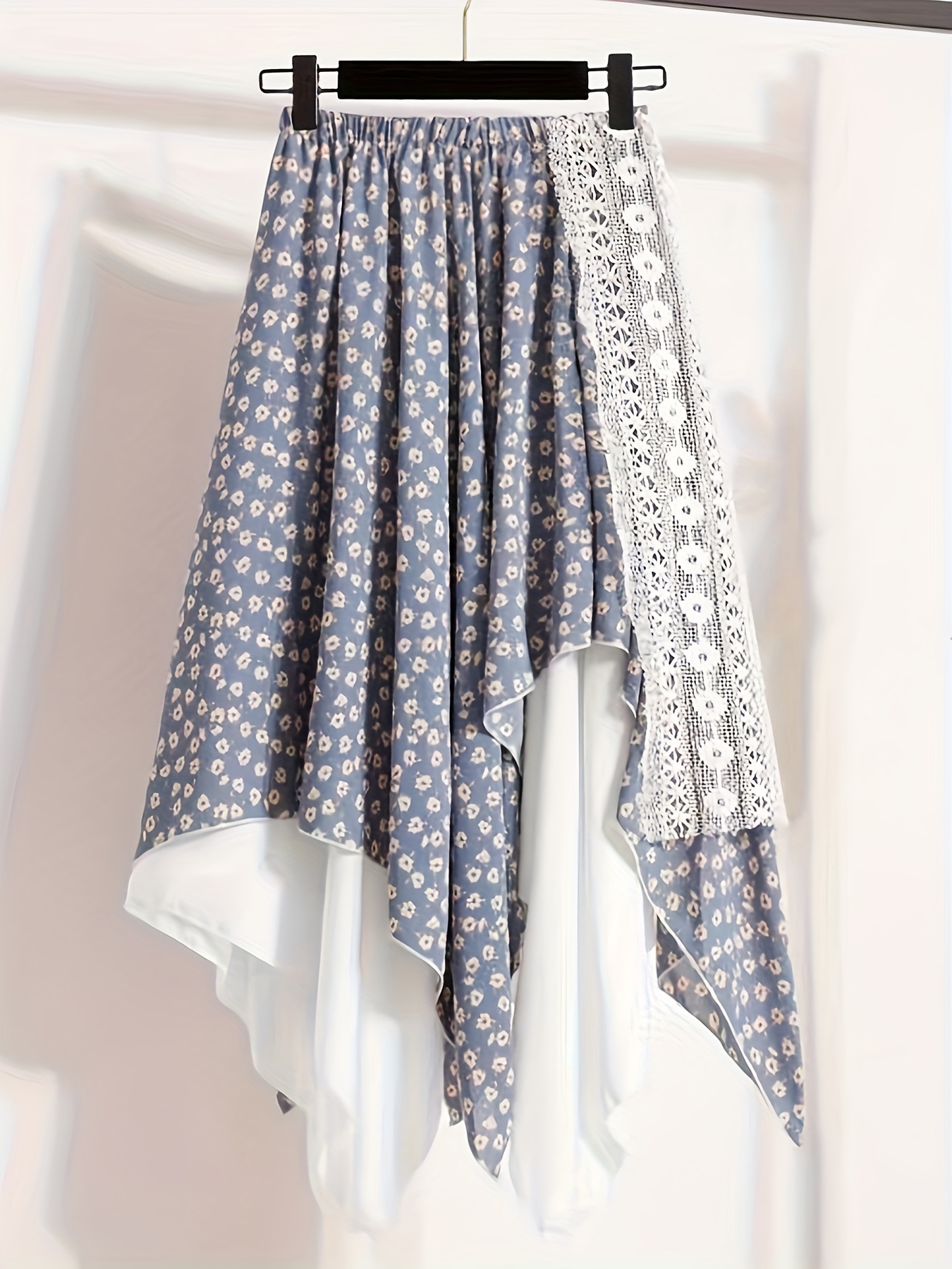 Chic Light Blue Lace Floral Skirt, Mid-Length Irregular A-Frame Design with Contrast Lace Detail - Versatile All-Season Fashion Accessory