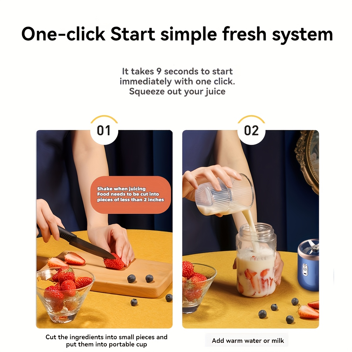 13 53oz portable electric juicer blender wireless rechargeable   mixer with   dual cup suitable for smoothies vegetables and fruits button control usb c charging food grade abs material non heating 1500mah battery Product details 7