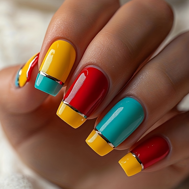 TEMU 24pcs Of Medium Square Fake Nails, Contrasting Color Stitching Metal Wire Flower Wearing Nail Design, Patch Detachable Fake Nails