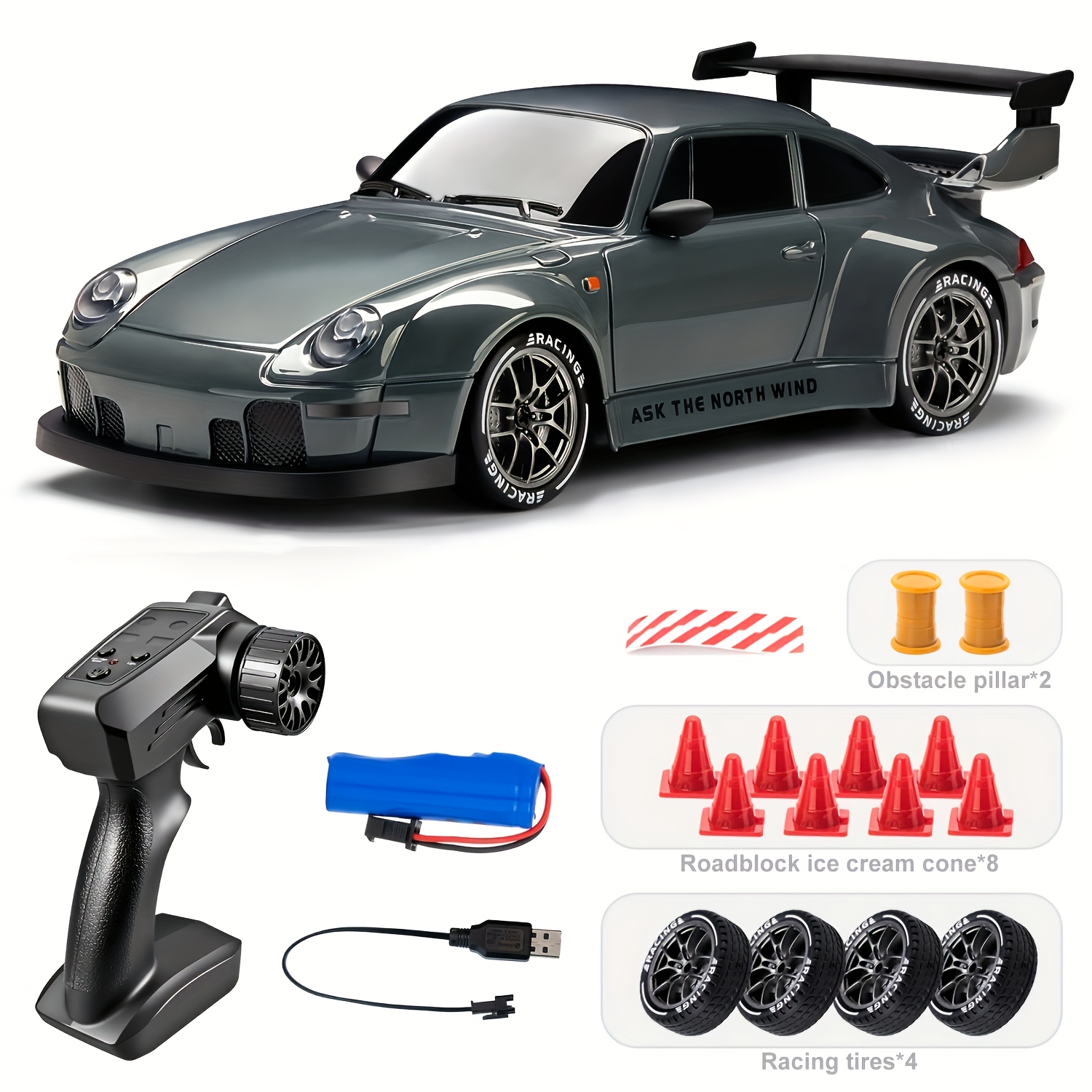 high speed 4wd   car with lights tires road barrier tool 1 24 scale gray abs remote control toy rechargeable 500mah battery ideal for boys girls birthday halloween christmas thanksgiving gifts best for christmas   thanksgiving